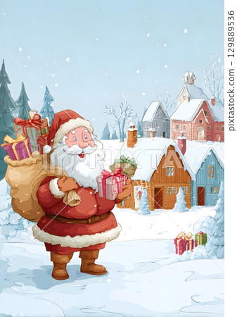 Santa Claus delivering gifts in snowy village 129889536