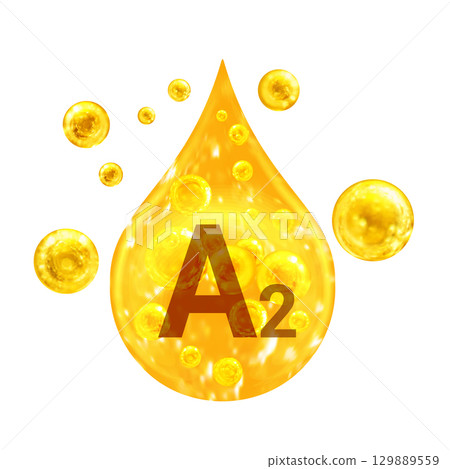 Vitamin A2. Images golden drop and balls with oxygen bubbles. Health concept. Isolated  129889559