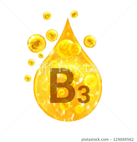 Vitamin B3. Images golden drop and balls with oxygen bubbles. Health concept. Isolated Vitamin B3. Images golden drop and balls with oxygen bubbles. Health concept. Isolated 129889562