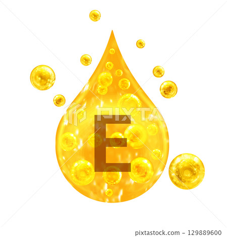 Vitamin E. Images golden drop and balls with oxygen bubbles. Health concept. Isolated Vitamin E. Images golden drop and balls with oxygen bubbles. Health concept. Isolated 129889600