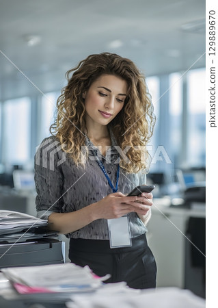 Office worker scanning document with mobile app in bright corporate office 129889670