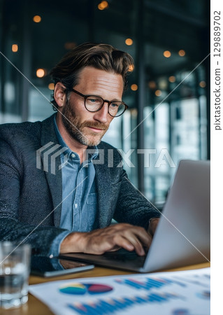 Corporate leader working on laptop using analytics tools in high-rise office Corporate leader working on laptop using analytics tools in high-rise office 129889702