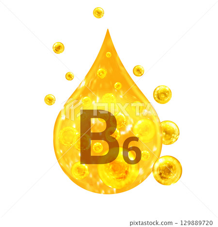 Vitamin B6. Images golden drop and balls with oxygen bubbles. Health concept. Isolated  129889720