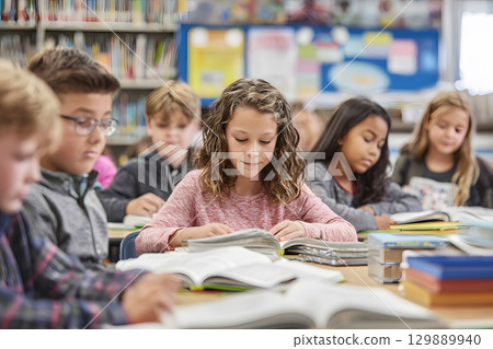 classroom scene with students focused on reading textbooks 129889940