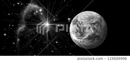 Dark night sky with bright stars over planet Earth. Black and white. Christmas Star of Bethlehem Nativity, christmas of Jesus Christ. Dark night sky with bright stars over planet Earth. Black and white. Christmas Star of Bethlehem Nativity, christmas of Jesus Christ. 129889996