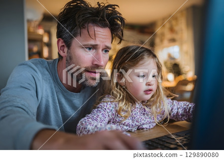 father checking childs online learning progress on screen father checking childs online learning progress on screen 129890080