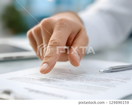 closeup of hand pointing at medical policy clause closeup of hand pointing at medical policy clause 129890159