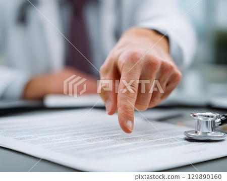 closeup of hand pointing at medical policy clause 129890160