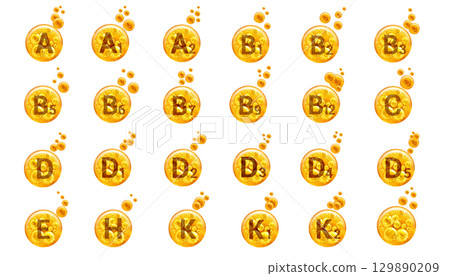 Set of vitamins icons. Golden balls with bubbles isolated on white background. Healthy lifestyle concept. Set of vitamins icons. Golden balls with bubbles isolated on white background. Healthy lifestyle concept. 129890209