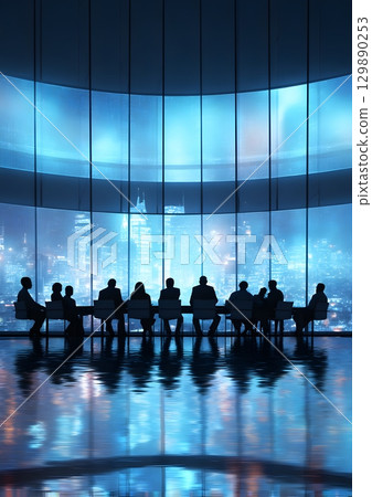 business conference with glowing digital panels 129890253