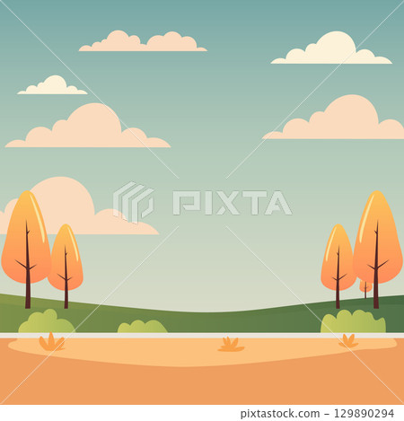 Minimal flat vector autumn scenery with colorful trees, rolling hills, and soft cloudy sky. Designed as a seasonal background for cards, covers, and digital projects. Minimal flat vector autumn scenery with colorful trees, rolling hills, and soft cloudy sky. Designed as a seasonal background for cards, covers, and digital projects. 129890294