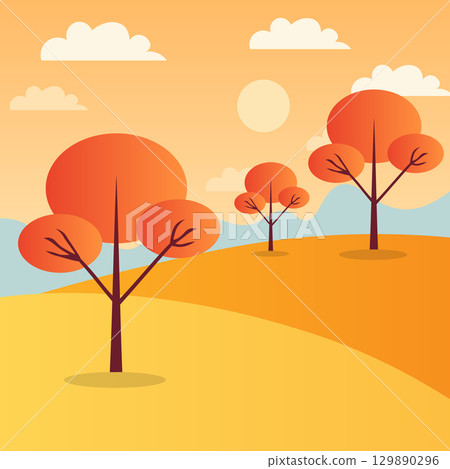 Bright vector illustration of autumn trees with vibrant orange and red foliage on a golden field under blue sky. Seasonal scenic design for posters, greeting cards, and backgrounds. 129890296