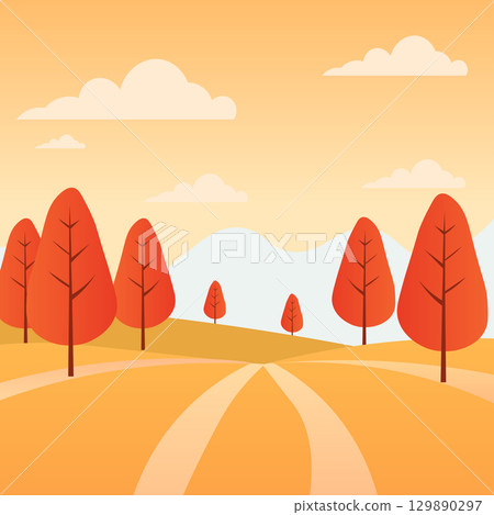 Minimal vector illustration of autumn countryside with red trees along a winding road, golden fields, and soft warm colors. Perfect background for seasonal creative projects. Minimal vector illustration of autumn countryside with red trees along a winding road, golden fields, and soft warm colors. Perfect background for seasonal creative projects. 129890297