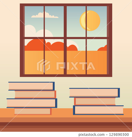 Cozy flat vector illustration of a stack of books on a windowsill with sunset autumn landscape outside. Perfect seasonal design for reading, relaxation, and creative projects. Cozy flat vector illustration of a stack of books on a windowsill with sunset autumn landscape outside. Perfect seasonal design for reading, relaxation, and creative projects. 129890300