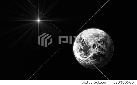 Planet Earth on black background with bright star.  Christmas Star of Bethlehem Nativity 129890560