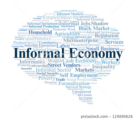 Informal Economy Word Cloud. Key Concepts On Labor, Wages, Poverty, Markets, Informality, Employment, And Global Economic Dynamics In Informal Sectors. Informal Economy Word Cloud. Key Concepts On Labor, Wages, Poverty, Markets, Informality, Employment, And Global Economic Dynamics In Informal Sectors. 129890626