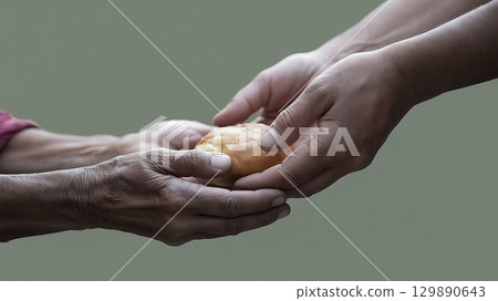 A person passing a round bread roll to another person with wrinkled hands 129890643