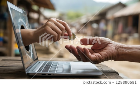 Hand emerging from laptop screen giving coin to another waiting hand outdoors showing online charity 129890681