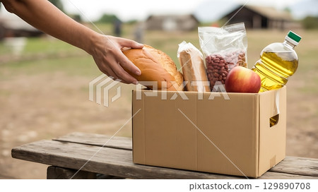 Hands placing bread in box of groceries on village bench showing charity and food distribution concept 129890708