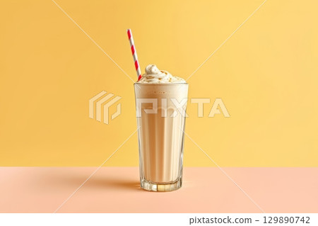 Milk cocktail with whipped cream in the long glass. Generated AI 129890742