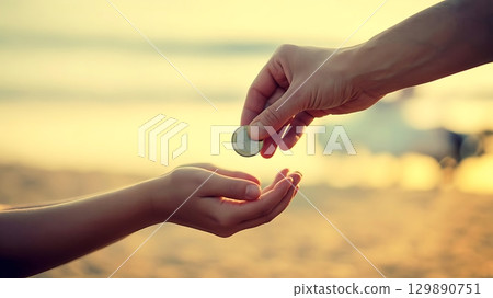Person giving coin to another in blurred scene showing charity donation 129890751