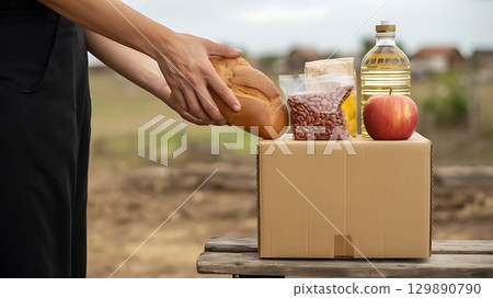 Volunteer adding bread to food box on wooden bench in village highlighting donation effort 129890790