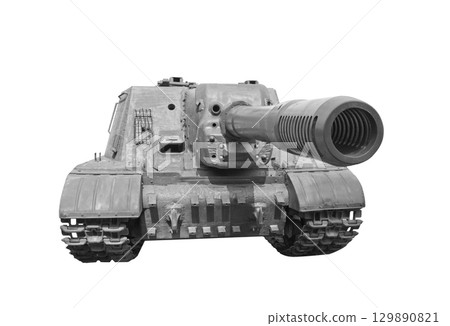 Black and white old military tank isolated 129890821