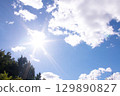 Bright sun and blue sky with clouds. Concept of abnormal heat 129890827