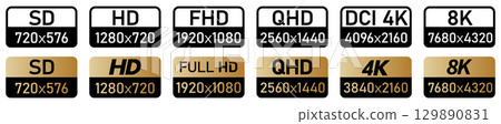 Set of video resolution icons, black and white or gold version Set of video resolution icons, black and white or gold version 129890831