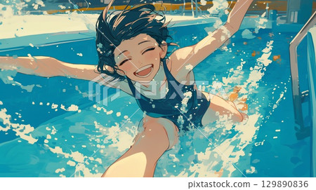 Girl in swimsuit playing in the pool 129890836
