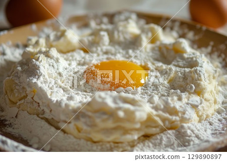 Close-up of egg yolk atop flour mound on plate, set in natural lighting. Background with eggshells and dough ingredients. Neural network AI generated 129890897