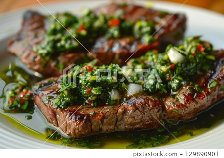 Sliced steak topped with vibrant green chimichurri sauce, on white plate. Warm lighting enhances dishs rich colors, viewed close-up. Neural network AI generated 129890901