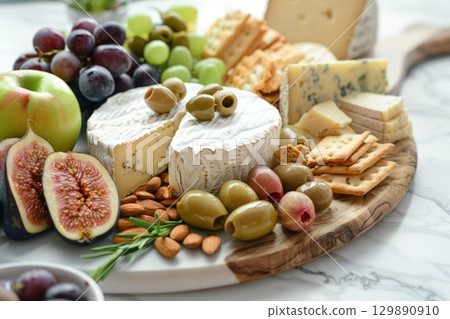 Gourmet cheese platter with brie, cheddar, grapes, figs, apples, and assorted nuts on marble surface. Overhead view with warm, natural lighting. Neural network AI generated 129890910