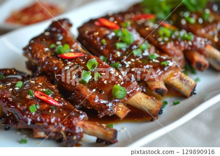 Juicy, glazed spare ribs topped with herbs, resting on wooden plate. Warm lighting enhances savory glaze, with lemon wedge in soft focus. Neural network AI generated 129890916