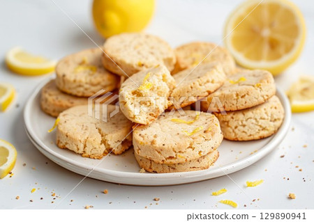Flaky lemon biscuits are stacked on white plate, accented by lemon zest and slices. Soft lighting enhances warm, inviting yellow tones, creating cozy, fresh atmosphere. Neural network AI generated 129890941