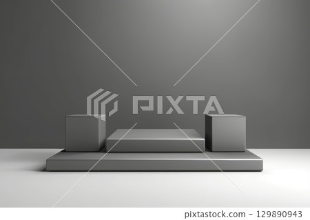 Four modern cuboid polished cement podium, geometric pedestal on gray floor. Luxury cosmetic, skincare, beauty, body, hair care, treatment, fashion product display background 3D. Generated AI 129890943