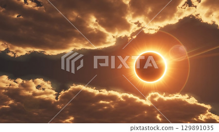 Rare solar eclipse with glowing corona and illuminated clouds in dramatic sky showing cosmic alignment Rare solar eclipse with glowing corona and illuminated clouds in dramatic sky showing cosmic alignment 129891035