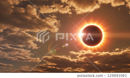 Solar eclipse with moon blocking sun and visible corona, dramatic clouds illuminated in rare astronomical scene Solar eclipse with moon blocking sun and visible corona, dramatic clouds illuminated in rare astronomical scene 129891061