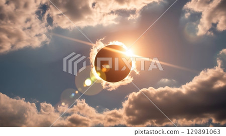 Solar eclipse with moon blocking sun visible corona and clouds in dramatic sky showing celestial alignment Solar eclipse with moon blocking sun visible corona and clouds in dramatic sky showing celestial alignment 129891063
