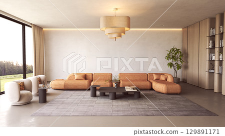 Modern lounge with panoramic window and orange seating 129891171