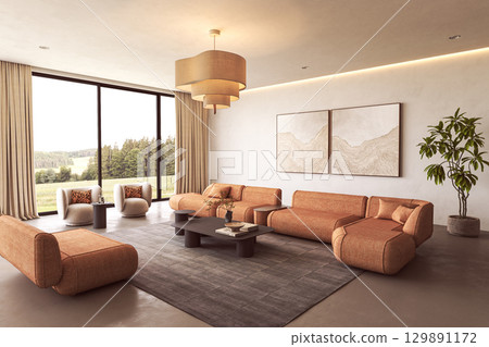 Modern living room with earthy tones and view 129891172