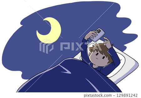 一名男子熬夜玩智慧型手機的插圖 129891242