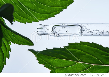A pipette with serum in mint leaves. 129891258