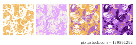 Halloween seamless pattern set of hand drawn eagle owls sitting on human skull vector illustration 129891292