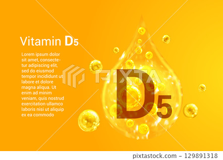 Vitamin D5. Baner with vector images of golden drops with oxygen bubbles. Health concept. Vitamin D5. Baner with vector images of golden drops with oxygen bubbles. Health concept. 129891318