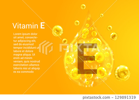 Vitamin E. Baner with vector images of golden drops with oxygen bubbles. Health concept. Vitamin E. Baner with vector images of golden drops with oxygen bubbles. Health concept. 129891319