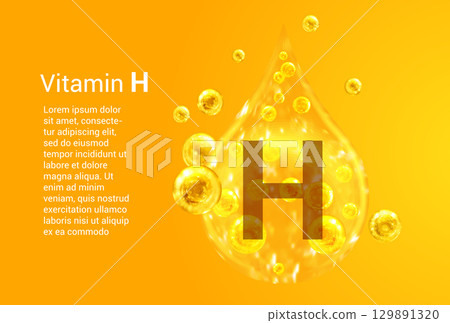 Vitamin H. Baner with vector images of golden drops with oxygen bubbles. Health concept. Vitamin H. Baner with vector images of golden drops with oxygen bubbles. Health concept. 129891320