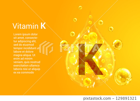 Vitamin K. Baner with vector images of golden drops with oxygen bubbles. Health concept. 129891321