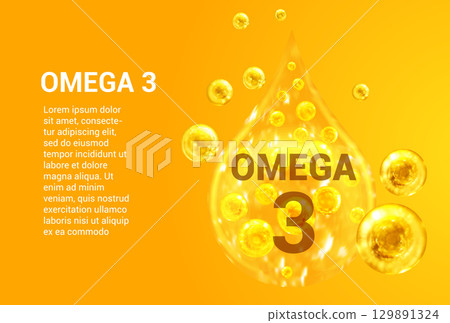 Vitamin OMEGA 3. Baner with vector images of golden drops with oxygen bubbles. Health concept. Vitamin OMEGA 3. Baner with vector images of golden drops with oxygen bubbles. Health concept. 129891324