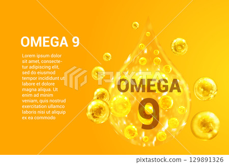Vitamin OMEGA 9. Baner with vector images of golden drops with oxygen bubbles. Health concept. Vitamin OMEGA 9. Baner with vector images of golden drops with oxygen bubbles. Health concept. 129891326